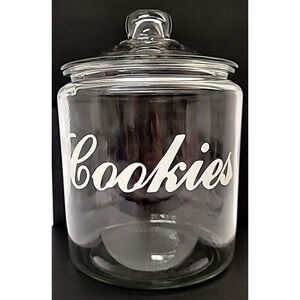 Vintage Clear Glass Cookie Jar with the word Cookies on front 10"H X 7"W
